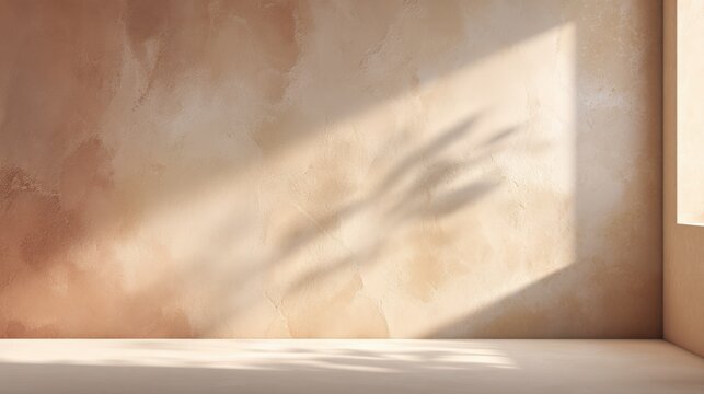 Minimalist modern interior space with natural light casting shadows on textured beige wall and wooden window frame background