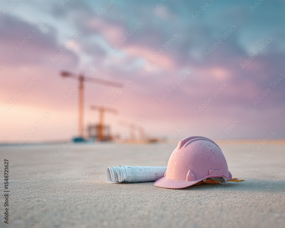 Aufkleber modern infrastructure planning with construction helmet and blueprints on bridge site at sunrise pre