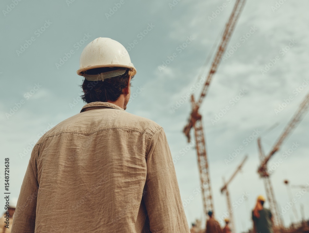 Poster civil engineer with safety helmet overlooking active construction site with cranes and scaffolding -