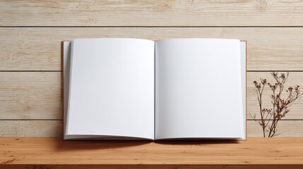 open blank white photo album or scrapbook with empty pages lying on wooden surface with dried flowers plant decorated in rustic style