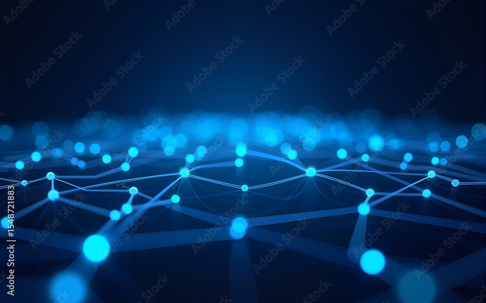 Poster the image showcases an abstract background featuring glowing blue lines and a network of interconnec