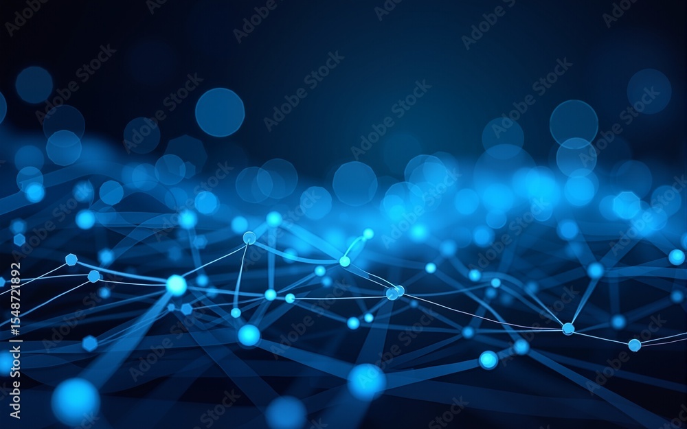 Poster the image showcases an abstract background featuring glowing blue lines and a network of interconnec