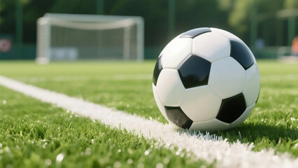 Fototapeta premium Realistic Close-Up of Soccer Ball on Fresh Green Field, No Players