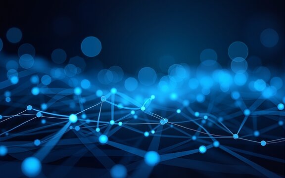 The image showcases an abstract background featuring glowing blue lines and a network of interconnected nodes. The composition highlights a dynamic and futuristic theme. High quality