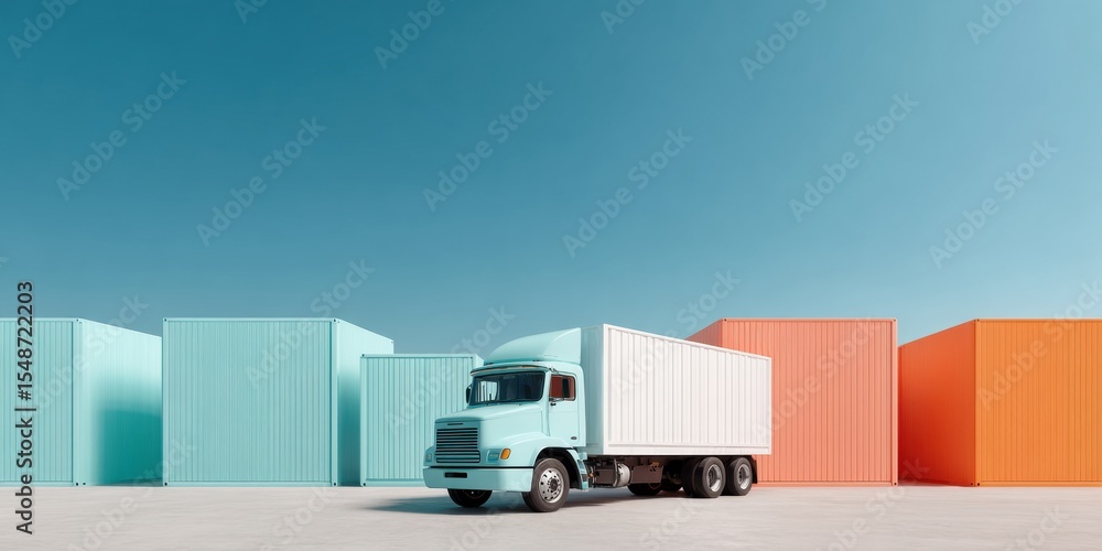 Poster Autonomous Truck Navigating Modern Cargo Terminal with Colorful Shipping Containers Symbolizing Efficient Automated Logistics and Streamlined Global Trade