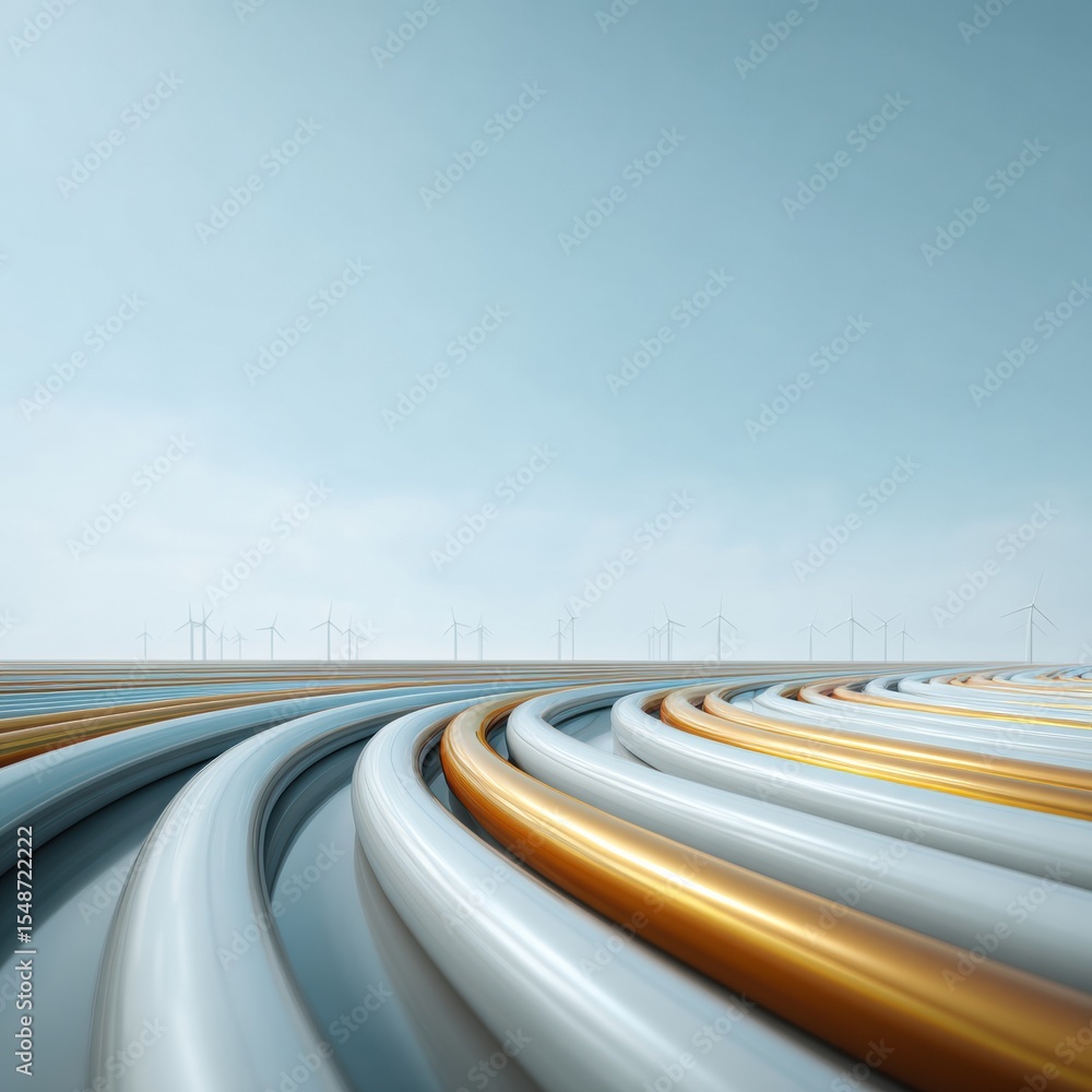 Poster futuristic automation pipeline of metallic gas conduits with wind turbines under blue sky for sustai