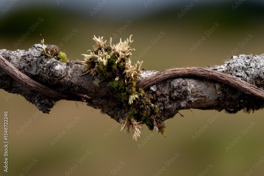 Poster close-up of a textured tree branch with moss and lichen growth in natural outdoor environment with b