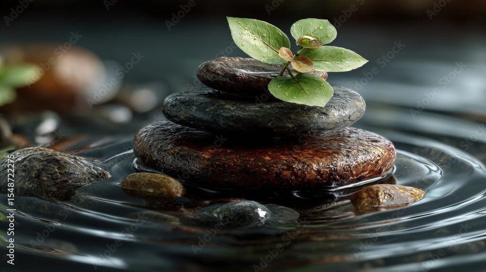 Aufkleber tranquil zen stones stack with green leaves on water surface for meditation and relaxation with refl
