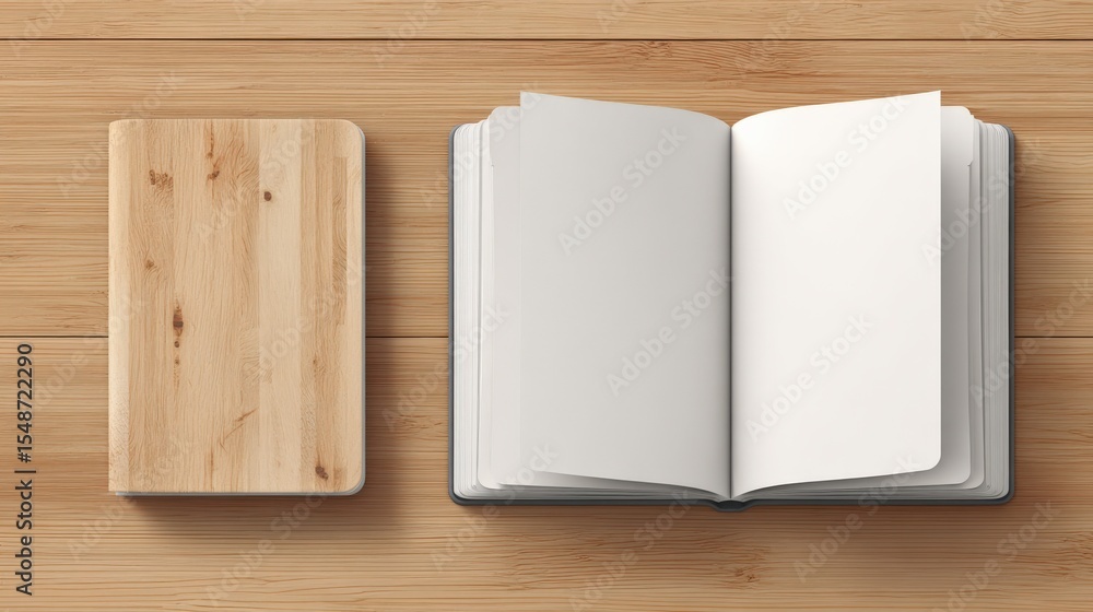 Poster open blank notebook with white pages and wooden cover on wooden surface for writing or note-taking i