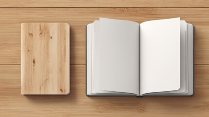 Fototapeta premium Open blank notebook with white pages and wooden cover on wooden surface for writing or note-taking in a creative workspace