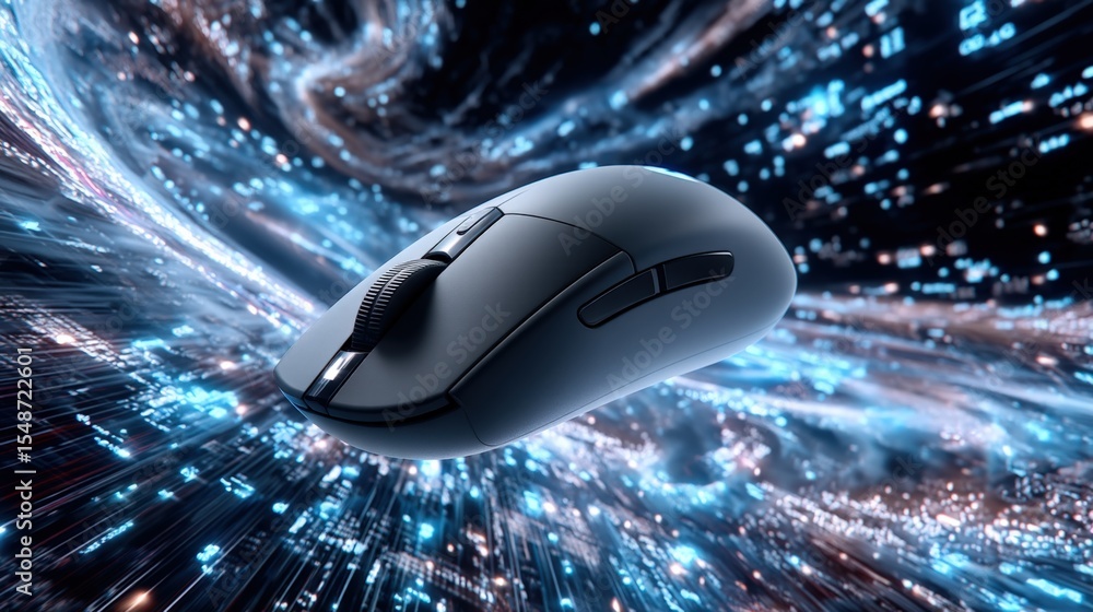 Poster futuristic wireless computer mouse flying through a digital technology space with glowing data strea