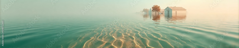 Aufkleber serene flooded townscape with submerged roads and buildings in soft sage and pale gold - climate cha