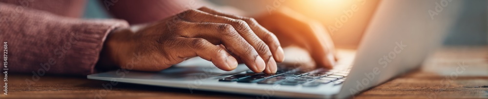 Poster Warm Cozy IT Security Concept with Hands Typing on Laptop Keyboard and Secure Login Screen Featuring Rich Amber and Caramel Tones