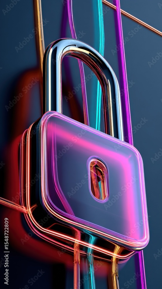 Poster Abstract neon locks and colorful metallic chains illuminated with vibrant glowing light effects on dark background