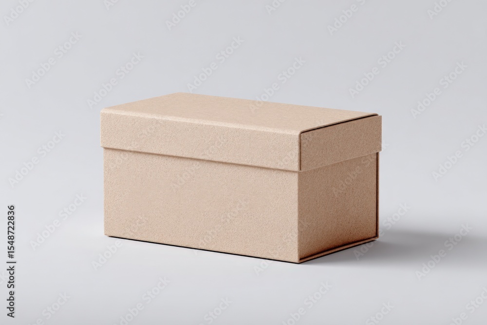 Poster minimalist beige cardboard storage box with lid on plain white background for organizing and packagi
