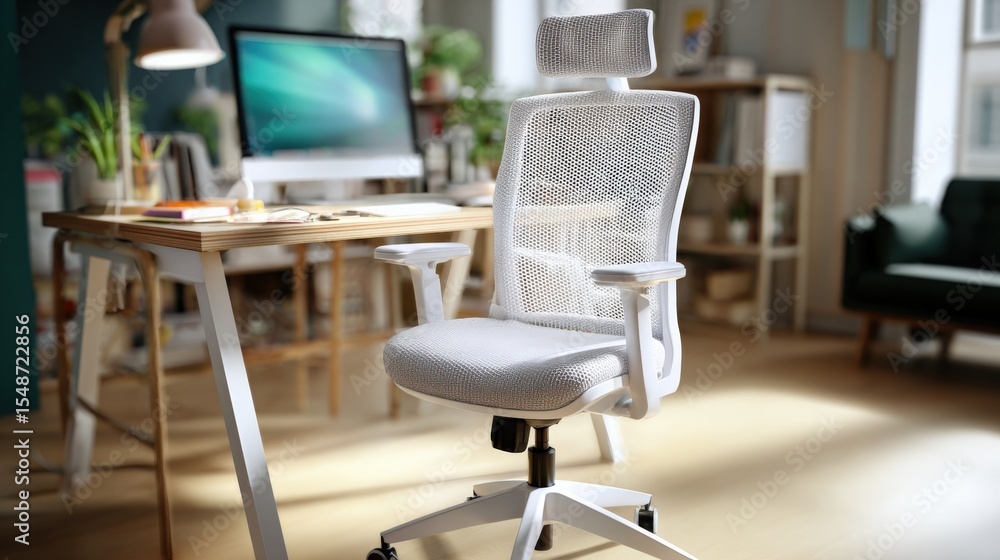 Poster Modern ergonomic office chair with mesh backrest and adjustable headrest in home workspace with desktop computer and natural sunlight