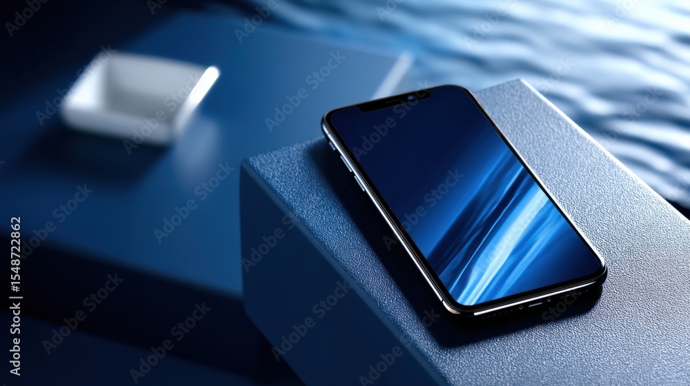 Poster sleek modern smartphone with reflective screen resting on textured blue surface near water for techn