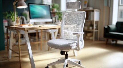 Fototapeta premium Modern ergonomic office chair with mesh backrest and adjustable headrest in home workspace with desktop computer and natural sunlight