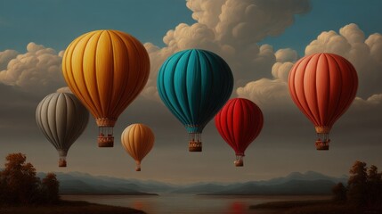 Obraz premium Colorful Hot Air Balloons Flying Over a Calm Lake Du Sunset with Dramatic Cloudy Sky in a Tranquil Landscape Scene