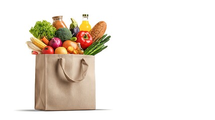 Full Paper Grocery Bag with Colorful Vegetables, Fruits, Bread, and Jars Against White Backdrop