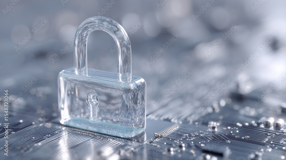 Fototapete Misty Dawn Ransomware Defense with Translucent Padlock on Circuit Board for Data Security Marketing and Hardware-Level Encryption in Tech Infrastructure