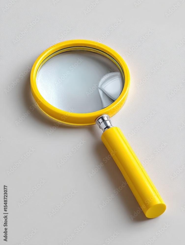 Poster Close-up of a yellow magnifying glass with a large round lens and a handle on a plain light gray surface for inspecting objects and detailed examination