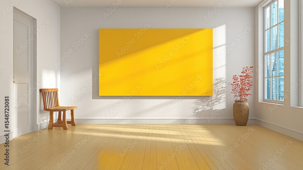 Poster bright empty room with a large yellow wall art piece and sunlight streaming through creating shadows