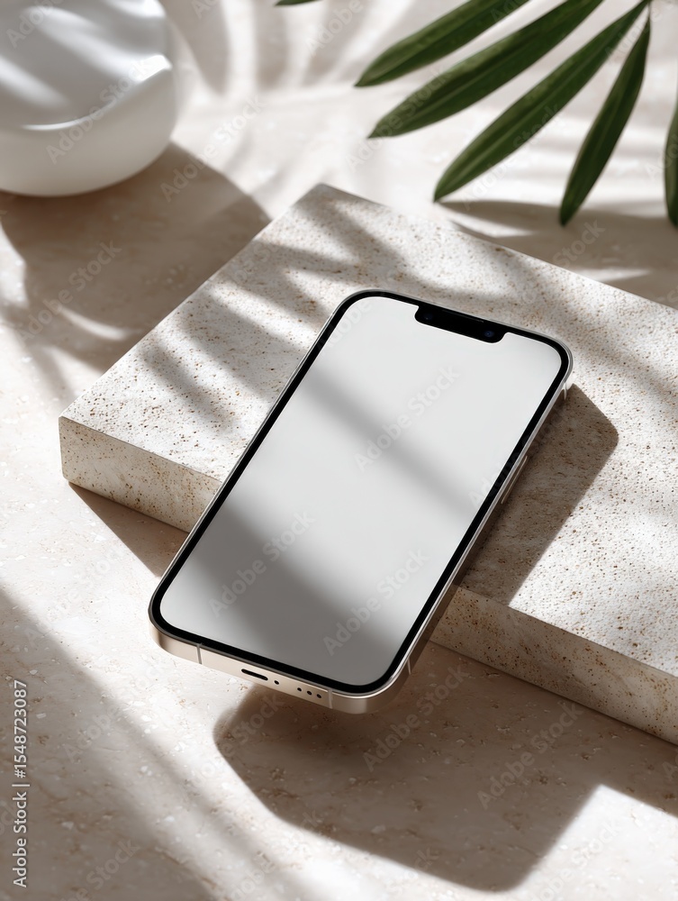 Poster modern smartphone with sleek design lying on textured stone surface amid natural sunlight and tropic
