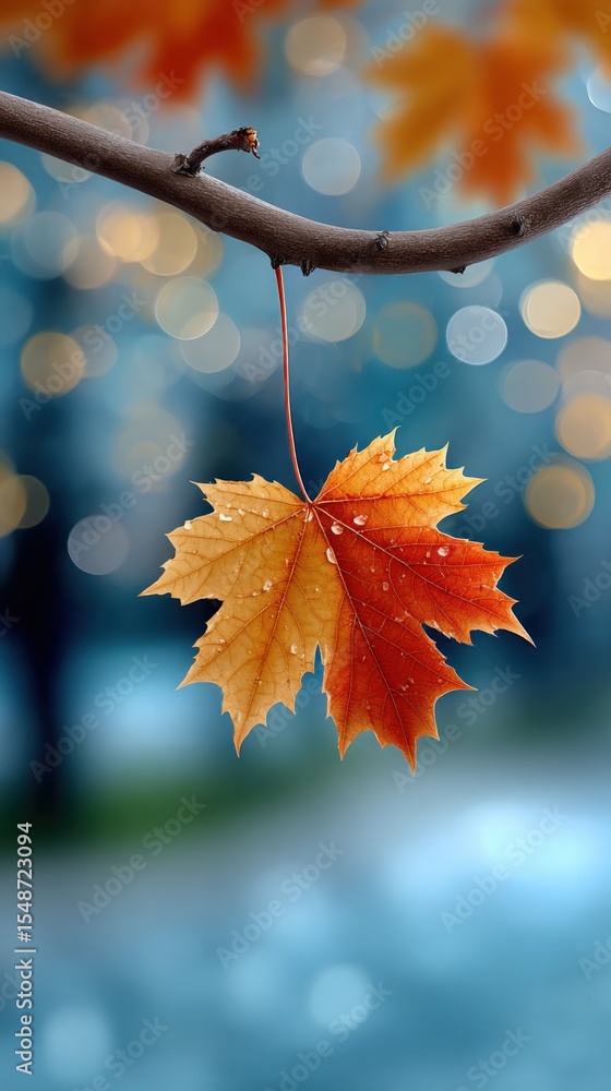 Aufkleber Vibrant Autumn Colored Maple Leaf Hanging from a Tree Branch with Water Droplets and Bokeh Background in Clear Fall Season Scene