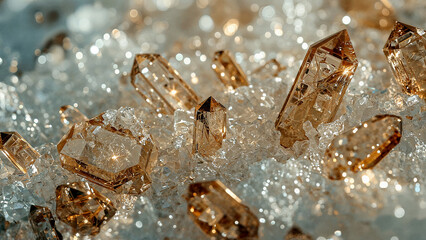Crystals in Winter Wonderland -  A captivating arrangement of golden crystals sparkles in the snow, creating a stunning contrast of textures and hues.