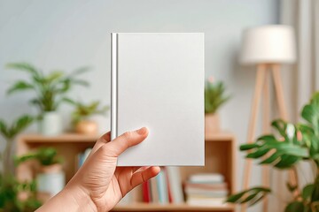 Hand holding a blank white hardcover notebook or journal with a corded pen in a cozy modern home interior with plants and a lamp