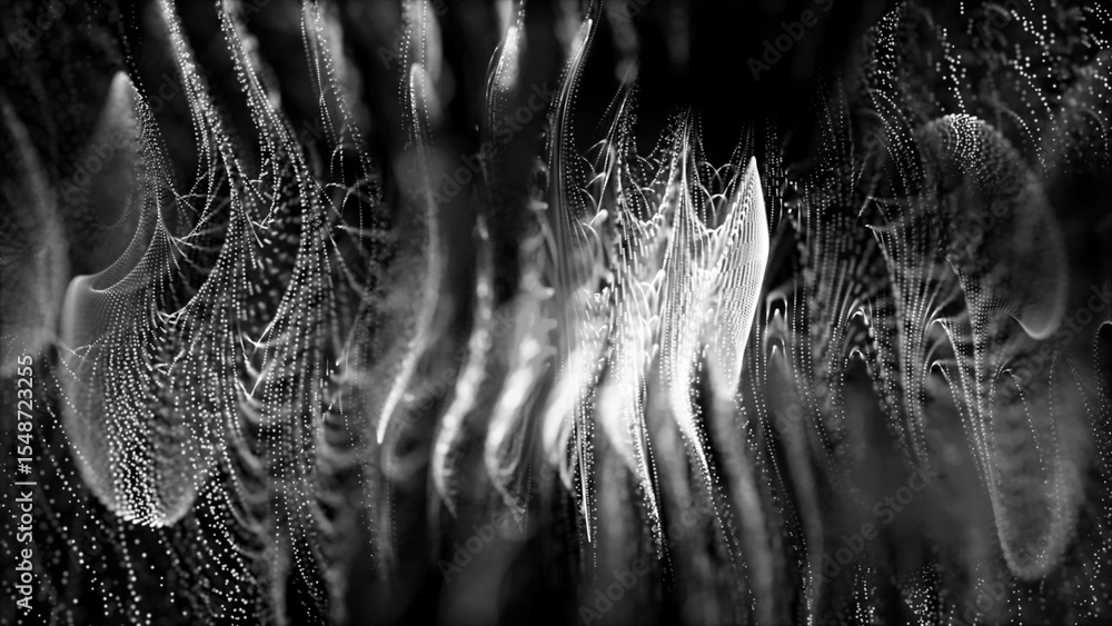 Poster abstract black and white particle stream digital art with depth and motion effects this image