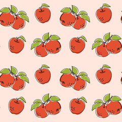 Line art apples whole and slice seamless pattern. Hand drawing pattern. Beautiful vector seamless pattern with apples. Suitable for wallpaper, web page background, surface textures, textile.