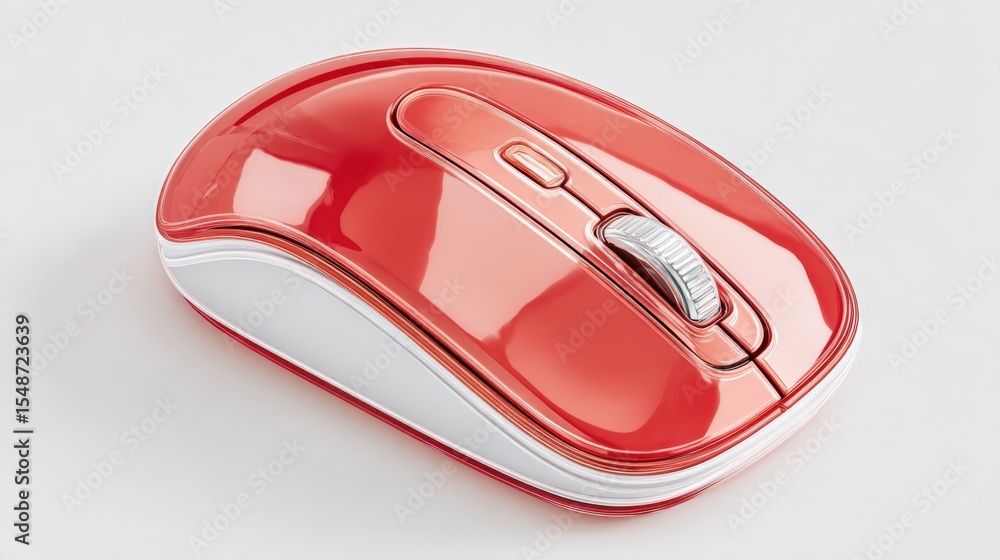 Fototapete close-up of a modern red wireless computer mouse with ergonomic design and scroll wheel on a white s