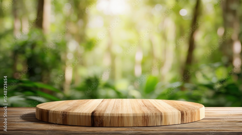 Aufkleber wooden circular platform in a bright natural forest scene with green foliage and sunlight filte thro
