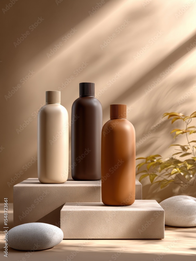 Poster Elegant minimalist still life with three matte ceramic bottles in neutral tones on beige blocks with natural shadows and leafy background