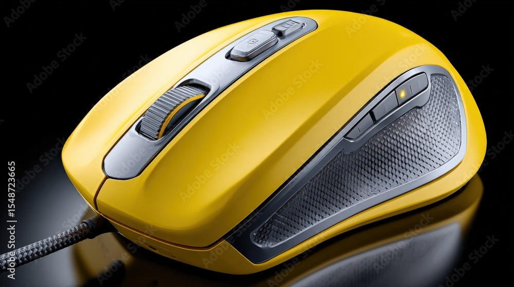 Poster Close-up of a yellow ergonomic wireless computer mouse with scroll wheel side buttons and textured grip on a black background