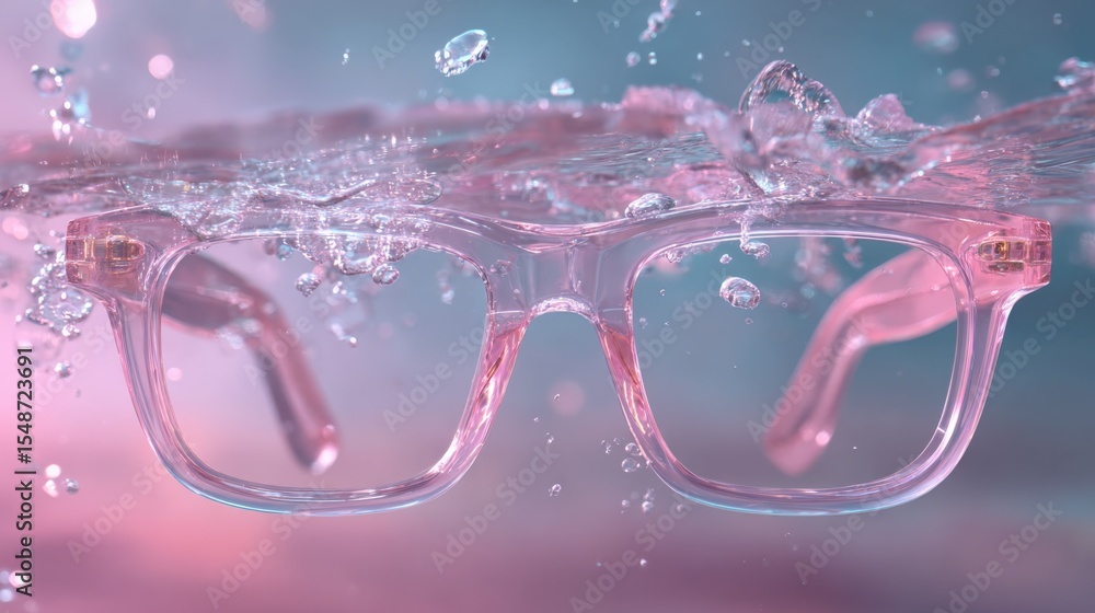 Poster close-up of pink eyeglasses submerged in water with splash and bubbles creating a dynamic underwater