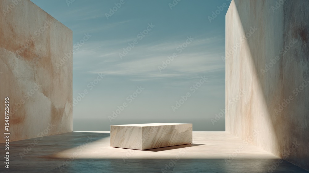 Poster minimalist modern architecture scene with abstract concrete walls and marble platform under bright s