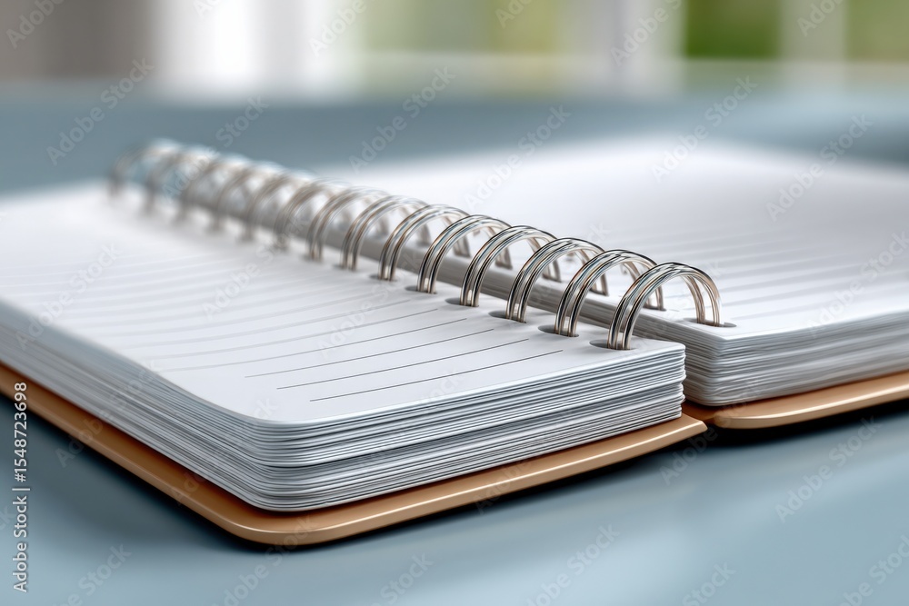 Poster Open spiral-bound notebook with blank lined pages on a desk for writing studying or note-taking purposes in a bright modern workspace