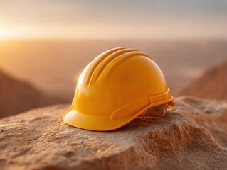 Safety Helmet on Rocky Surface with Warm Golden Hour Lighting Symbolizing Workplace Safety and Environmental Protection in Industrial Settings
