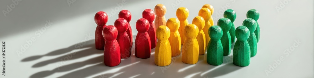 Poster organized crowd density of colorful wooden figures representing workforce and social structure for h
