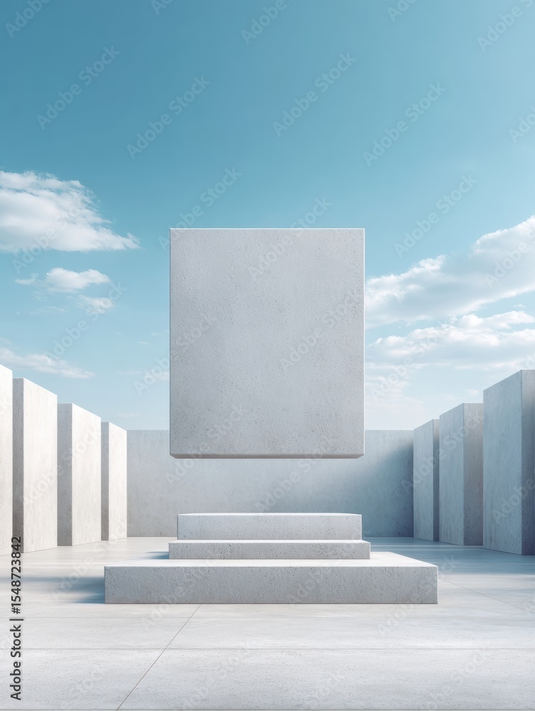 Poster Minimalist Concrete Jumbotron Display on Podium in Open Architectural Space with Clear Sky for Tech and Modern Branding Promotions