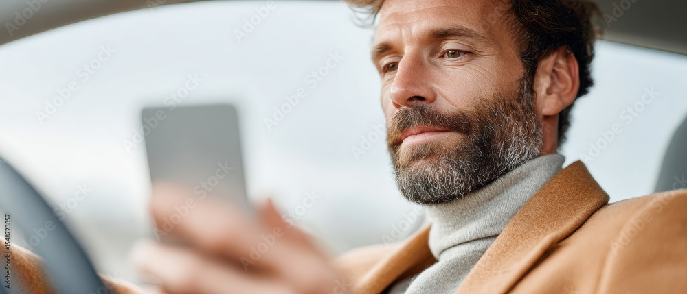 Poster Connected Transportation Network Concept Rideshare Driver Using Smartphone with App Interface in Car, Atmospheric Documentary Style with Steel Blue Palette