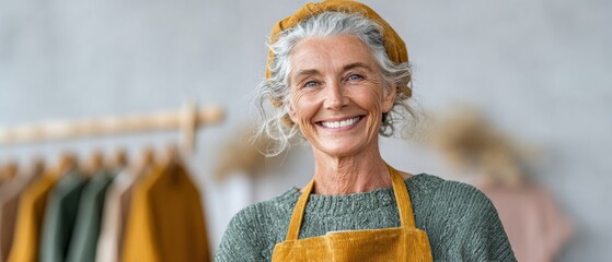 Moody Golden Hour Portrait of Happy Senior Woman Shop Owner Using Contactless Payment Terminal in Warm Emerald and Amber Retail Space