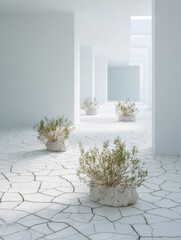 Fototapeta premium Scandinavian Minimalist Environmental Concept with Cracked Dried Earth and Resilient Plants Symbolizing Climate Change and Water Scarcity Awareness