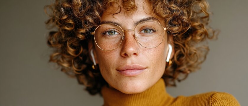 Hybrid Business Meeting with Latina Woman Wearing Round Glasses Leading from Home Office, Soft Natural Lighting and Modern Smartboard Background - Powered by Adobe