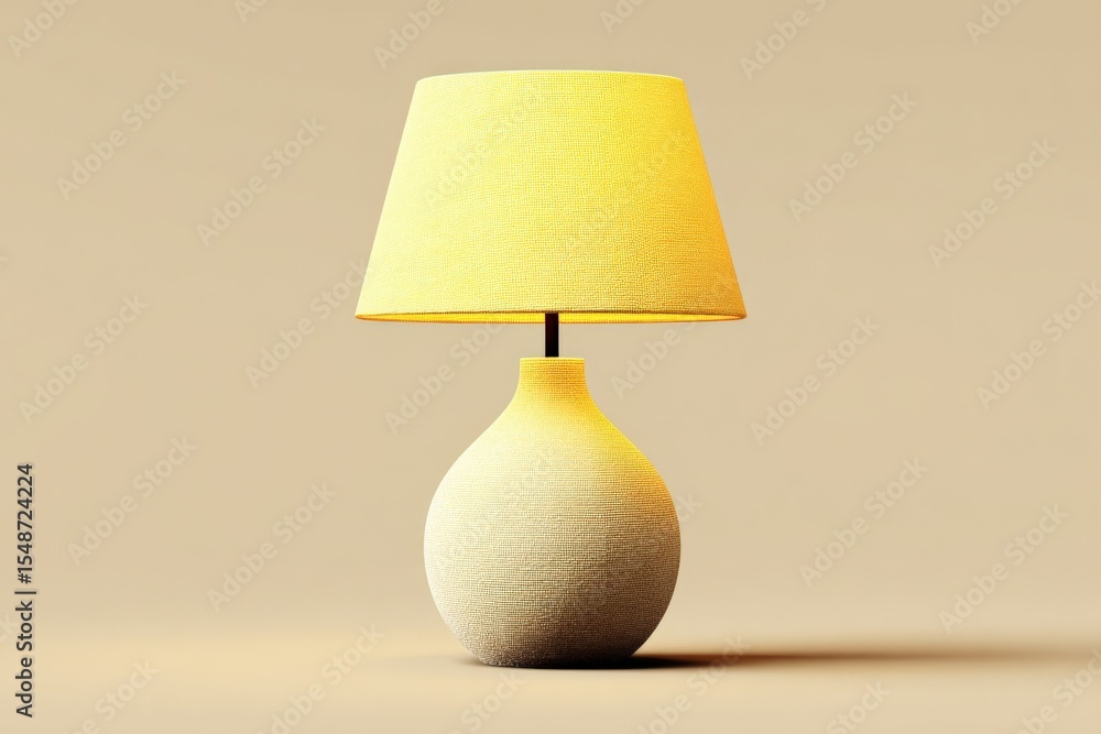 Poster Elegant modern beige table lamp with a smooth rounded ceramic base and yellow fabric lampshade on a plain neutral background