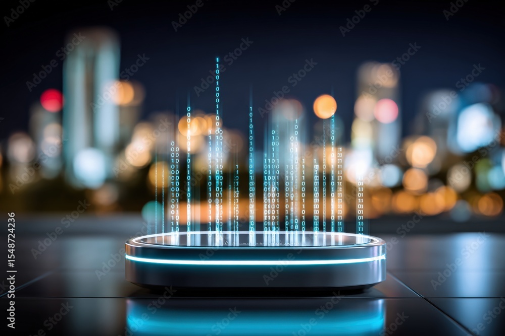 Aufkleber Futuristic digital hologram projection displaying floating data points and glowing vertical lines above a circular platform against a cityscape night scene