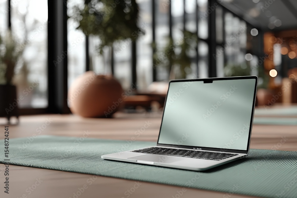 Poster modern macbook laptop open in bright bright indoor space with large and natural light reflection on 